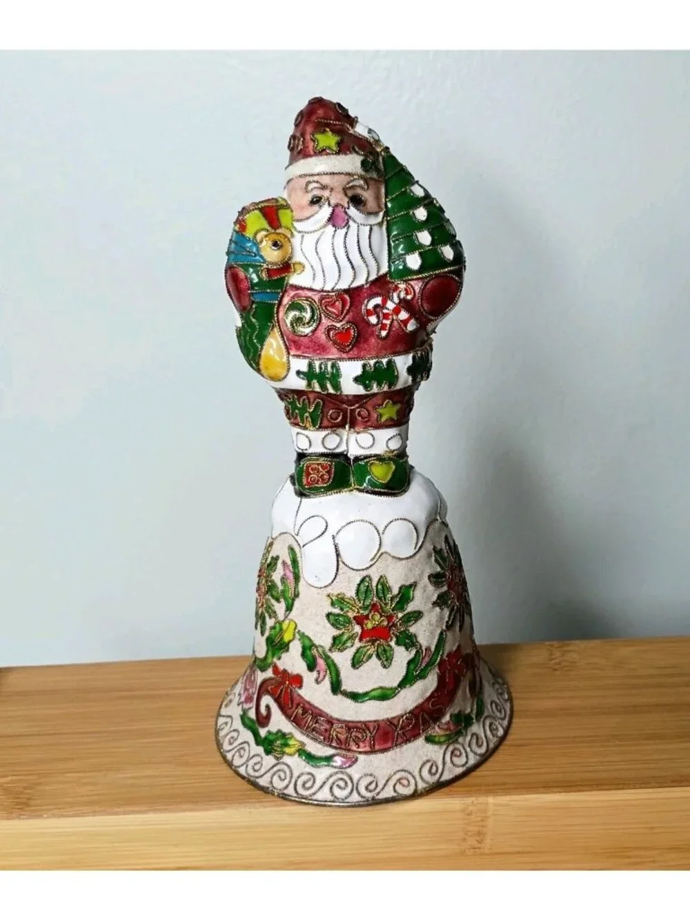 Vintage Enamel Brass Santa Christmas Bell 7